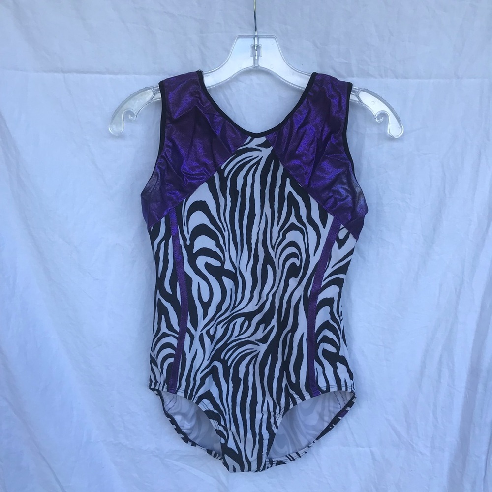 Large Zebra striped and metallic purple gymnastics leotard